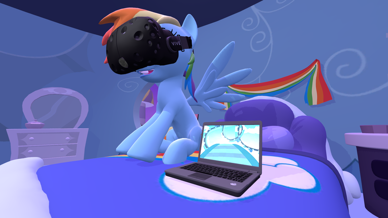 Size: 1920x1080 | Tagged: 3d, artist:mrdoctorderpy, bed, computer, derpibooru import, grannies gone wild, htc vive, laptop computer, rainbow dash, roller coaster, safe, solo, source filmmaker, virtual reality, vr headset