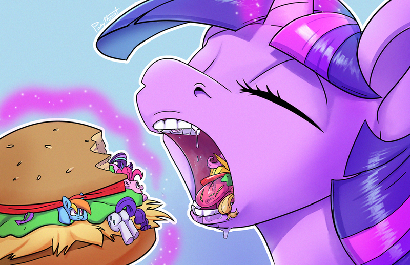 Size: 1200x775 | Tagged: suggestive, artist:ponythroat, derpibooru import, applejack, fluttershy, pinkie pie, rainbow dash, rarity, spike, starlight glimmer, twilight sparkle, twilight sparkle (alicorn), alicorn, pony, burger, butt, cannibalism, eating, fetish, flutterprey, food, magic, mane seven, mane six, mawshot, meat, micro, multiple prey, open mouth, pinkie prey, plot, ponies eating meat, preydash, preyjack, rariprey, tail sticking out, tongue out, twilight burgkle, twipred, vore