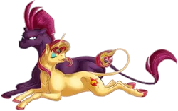 Size: 1108x697 | Tagged: safe, artist:bijutsuyoukai, derpibooru import, fizzlepop berrytwist, sunset shimmer, tempest shadow, classical unicorn, pony, unicorn, my little pony: the movie, colored hooves, duo, female, leonine tail, lesbian, mare, prone, realistic horse legs, shipping, simple background, tempestshimmer, tongue out, transparent background