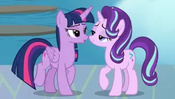 Size: 1200x680 | Tagged: alicorn, cropped, derpibooru import, duckface, duo, duo female, female, imminent kissing, implied lesbian, implied shipping, leaning, lidded eyes, lifted leg, out of context, raised hoof, safe, school daze, screencap, smiling, starlight glimmer, twilight sparkle, twilight sparkle (alicorn)
