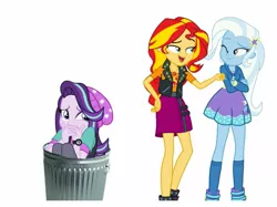 Size: 1275x956 | Tagged: safe, derpibooru import, starlight glimmer, sunset shimmer, trixie, equestria girls, equestria girls series, forgotten friendship, mirror magic, spoiler:eqg specials, abuse, downvote bait, drama, glimmerbuse, out of character, sad, scaredy glimmer, simple background, starlight drama, trash can, white background