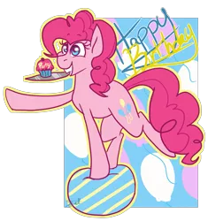 Size: 1825x1941 | Tagged: safe, artist:g-elric, derpibooru import, pinkie pie, earth pony, pony, abstract background, balancing, ball, cupcake, cutie mark, cutie mark background, female, food, happy birthday, mare, platter, simple background, smiling, solo, transparent background