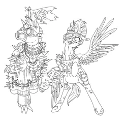 Size: 2000x2000 | Tagged: safe, artist:sourcherry, derpibooru import, oc, pegasus, pony, unicorn, fallout equestria, broken wing, couple, female, holding hooves, male, mare, monochrome, mutant manual, raider, raider armor, stallion, wip