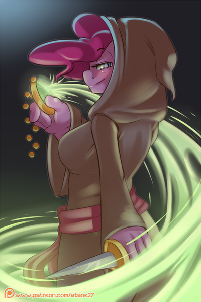 Size: 800x1200 | Tagged: anthro, artist:atane27, clothes, derpibooru import, female, hoodie, hoof hands, knife, looking at you, magic, mare, patreon, patreon logo, pinkie pie, safe, solo