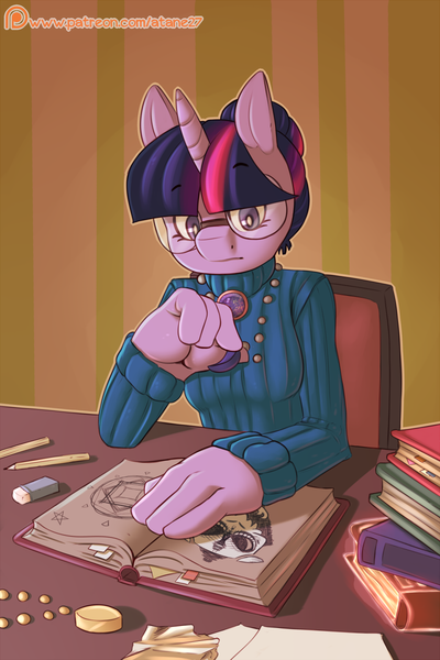 Size: 800x1200 | Tagged: anthro, artist:atane27, book, clothes, derpibooru import, female, glasses, jewelry, mare, necklace, patreon, patreon logo, pencil, safe, solo, sweater, turtleneck, twilight sparkle