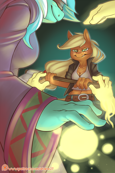 Size: 800x1200 | Tagged: anthro, applejack, artist:atane27, axe, blindfold, clothes, derpibooru import, female, hoof hands, lyra heartstrings, magic, patreon, patreon logo, safe, weapon