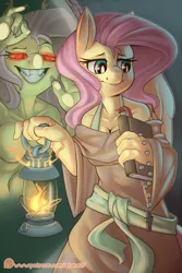 Size: 800x1200 | Tagged: suggestive, artist:atane27, derpibooru import, fluttershy, anthro, bat pony, book, breasts, cleavage, clothes, fangs, female, flutterbat, glowing eyes, hoof hands, mare, mirror, patreon, patreon logo, race swap, self ponidox