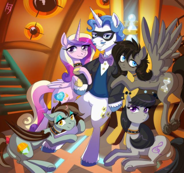 Size: 1597x1500 | Tagged: suggestive, artist:jitterbugjive, derpibooru import, doctor whooves, fancypants, octavia melody, princess cadance, time turner, oc, bat pony, pegasus, pony, unicorn, bat pony oc, collar, discord whooves, doctor who, fancy pants gets all the mares, female, femsub, half r63 shipping, harem, infidelity, looking at you, lucky bastard, male, maledom, mare, mask, meme, professor whooves, rule 63, shipping, smiling, stallion, straight, subdance, submissive, tardis, waifu thief, zerum whooves