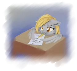 Size: 801x743 | Tagged: safe, artist:dusthiel, derpibooru import, derpy hooves, pegasus, pony, desk, female, floppy ears, mare, mouth hold, paper, pencil, simple background, smiling, solo, transparent background, wings, writing