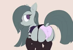 Size: 2000x1365 | Tagged: suggestive, artist:raps, derpibooru import, marble pie, earth pony, pony, clothes, cute, dock, female, garter belt, garters, hair over one eye, lingerie, looking back, mare, panties, plot, sexy, simple background, smiling, socks, solo, solo female, stockings, stupid sexy marble pie, thigh highs, underwear