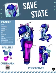 Size: 816x1056 | Tagged: safe, artist:sugar morning, derpibooru import, oc, oc:save state, unofficial characters only, pony, unicorn, bow, clothes, commission, female, floppy disk, glasses, hair bow, looking at you, magic, mare, reference sheet, solo, sweater, telekinesis