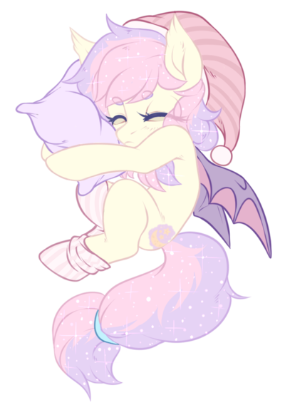 Size: 400x568 | Tagged: safe, artist:cabbage-arts, derpibooru import, oc, oc:stardust, unofficial characters only, bat pony, bat pony oc, clothes, curled up, cute, gift art, hat, nightcap, ocbetes, pillow, simple background, sleeping, socks, solo, transparent background