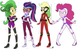 Size: 1851x1187 | Tagged: safe, derpibooru import, editor:superbobiann, applejack, fili-second, mane-iac, masked matter-horn, mistress marevelous, pinkie pie, sci-twi, sunset shimmer, twilight sparkle, equestria girls, movie magic, spoiler:eqg specials, clothes, costume, geode of telekinesis, magical geodes, power ponies, simple background, transparent background, wig