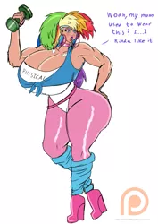 Size: 1131x1600 | Tagged: 80s, armpits, artist:annon, big breasts, bimbo, bimbo 2.0, bimbo dash, breasts, busty rainbow dash, cleavage, clothes, derpibooru import, dialogue, dumbbell (object), eyeshadow, female, high heels, huge breasts, human, humanized, impossibly large breasts, large butt, leotard, makeup, muscles, rainbow dash, rainbuff dash, rainbutt dash, shoes, simple background, solo, solo female, suggestive, weights, white background