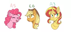 Size: 2437x1105 | Tagged: safe, artist:yomitai, derpibooru import, applejack, pinkie pie, sunset shimmer, earth pony, pony, unicorn, blushing, bust, cowboy hat, female, hat, mare, portrait, simple background, trio, white background