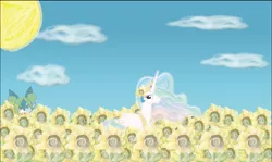 Size: 1248x745 | Tagged: artist:orochismith, blue sky, cute, cutelestia, derpibooru import, digital art, flower, innocent, princess celestia, safe, sunflower, watercolor effect