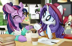 Size: 1024x662 | Tagged: safe, artist:kellythedrawinguni, derpibooru import, doctor whooves, rarity, roseluck, time turner, twilight sparkle, oc, oc:quilly, pony, unicorn, alternate hairstyle, book, cafe, clothes, female, male, mare, paper, smiling, stallion, table