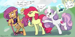 Size: 3461x1716 | Tagged: dead source, safe, artist:veesocks, derpibooru import, apple bloom, scootaloo, sweetie belle, classical unicorn, earth pony, pegasus, pony, unicorn, argument, bad dragon, bendy straw, cloven hooves, cutie mark crusaders, dialogue, drink, drinking straw, easter egg, gamer belle, leonine tail, magic, older, older apple bloom, older scootaloo, older sweetie belle, pc master race, scootaloo is not amused, unamused, unshorn fetlocks, wings
