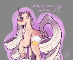 Size: 990x808 | Tagged: suggestive, artist:imartist22, derpibooru import, oc, oc:sumac spirit, unofficial characters only, pony, unicorn, blushing, curved horn, dialogue, digital art, embarrassed, female, looking at you, looking back, looking back at you, mare, signature, solo, solo female, strategically covered