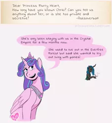 Size: 2700x2976 | Tagged: safe, artist:overlordneon, derpibooru import, princess flurry heart, oc, oc:chriki, alicorn, bird, changeling, pony, changeling oc, crown, duo, female, jewelry, mare, music notes, necklace, next generation, older, older flurry heart, regalia, simple background, singing, smiling, white background