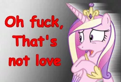 Size: 1600x1080 | Tagged: alicorn, derpibooru import, disgusted, female, gradient background, love, meme, princess cadance, princess of love, reaction, reaction image, safe, scared, shock, shocked, solo, text, vulgar
