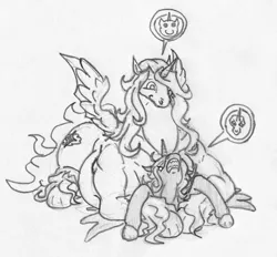 Size: 1566x1455 | Tagged: alicorn, alicorn oc, angry, artist:siegfriednox, c:, d:, derpibooru import, fat, lying on top of someone, oc, oc:image, oc:invidia nox, open mouth, safe, size difference, smiling, squish, traditional art