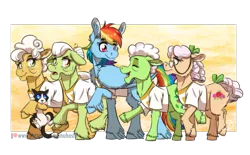 Size: 1023x633 | Tagged: safe, artist:inuhoshi-to-darkpen, derpibooru import, apple rose, auntie applesauce, goldie delicious, granny smith, rainbow dash, cat, earth pony, pegasus, pony, grannies gone wild, clothes, feathered fetlocks, female, gold horseshoe gals, mare, shirt, t-shirt, wings