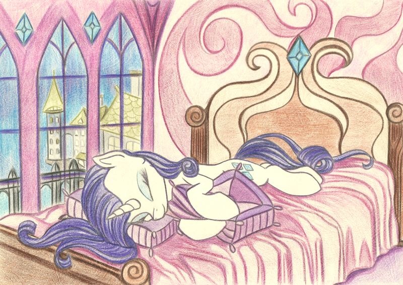 Size: 1600x1132 | Tagged: safe, artist:pedrohander, derpibooru import, rarity, pony, unicorn, bed, cute, female, mare, pillow, side, sleeping, solo, traditional art