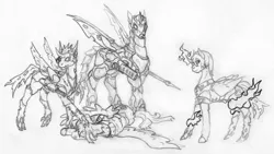 Size: 3541x1993 | Tagged: semi-grimdark, artist:siegfriednox, derpibooru import, oc, unofficial characters only, changeling, pegasus, pony, fallout equestria, armor, battle saddle, enclave armor, grand pegasus enclave, implied death, power armor, shapeshifting, traditional art, weapon