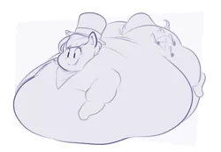 Size: 727x500 | Tagged: suggestive, artist:secretgoombaman12345, derpibooru import, oc, oc:soda, unofficial characters only, pony, bandana, belly, belly bed, fat, hat, impossibly large belly, male, monochrome, morbidly obese, obese, solo, solo male, top hat