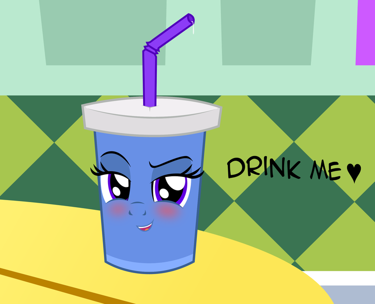 Size: 2198x1785 | Tagged: suggestive, artist:badumsquish, derpibooru import, oc, unofficial characters only, badumsquish strikes again, bedroom eyes, bendy straw, blushing, context is for the weak, cup, dialogue, drink, drinking straw, dripping, flirting, food, heart, inanimate tf, looking at you, not trixie, open mouth, pony face, propositioning, raised eyebrow, smiling, smug, soda, solo, straw, table, transformation