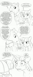 Size: 1976x4592 | Tagged: safe, artist:silfoe, derpibooru import, twilight sparkle, twilight sparkle (alicorn), oc, oc:colonel ironheart, alicorn, earth pony, pony, royal sketchbook, black and white, comic, dialogue, female, grayscale, male, mare, monochrome, royal guard, simple background, speech bubble, stallion, white background