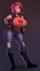 Size: 566x1000 | Tagged: artist:maarthul, babs seed, big breasts, boots, breasts, busty babs seed, cigarette, clothes, derpibooru import, ear piercing, female, huge breasts, human, humanized, jeans, older babs seed, pants, piercing, shirt, shoes, smoking, solo, solo female, suggestive, vest