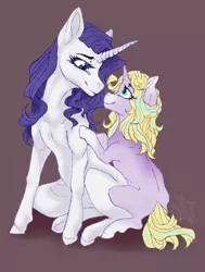 Size: 900x1191 | Tagged: safe, artist:castaspellliana, derpibooru import, rarity, oc, oc:precious, pony, unicorn, blank flank, duo, female, filly, looking at each other, magical lesbian spawn, mare, mother and daughter, next generation, offspring, parent:rarity, parent:twilight sparkle, parents:rarilight, simple background, smiling