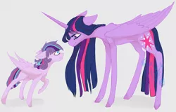 Size: 800x512 | Tagged: safe, artist:castaspellliana, derpibooru import, twilight sparkle, twilight sparkle (alicorn), oc, oc:astraea shimmer, alicorn, pegasus, pony, cutie mark, duo, female, filly, looking at each other, mare, mother and daughter, next generation, offspring, parent:flash sentry, parent:twilight sparkle, parents:flashlight, simple background, smiling, white background