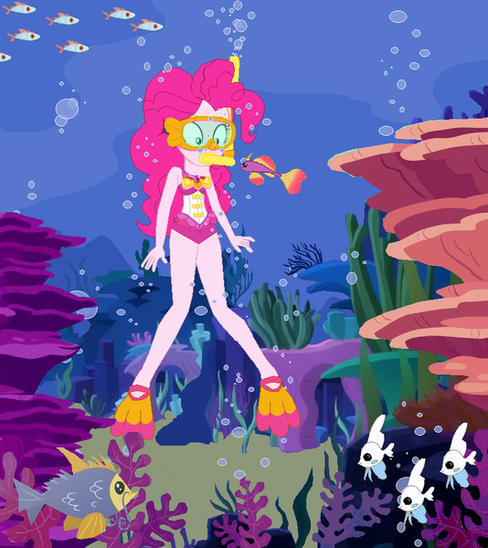 Size: 790x888 | Tagged: suggestive, artist:egskinnydippers101, derpibooru import, edit, pinkie pie, angelfish, fish, tropical fish, equestria girls, bubble, clothes, cute, error, ms paint, ocean, reef, snorkeling, swimsuit, underwater