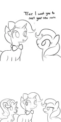 Size: 1650x3300 | Tagged: safe, artist:tjpones, derpibooru import, jack pot, starlight glimmer, trixie, unicorn, grannies gone wild, black and white, bowtie, comic, dialogue, father and daughter, female, grayscale, male, mare, monochrome, mother and daughter, simple background, stallion, trio, unamused, white background