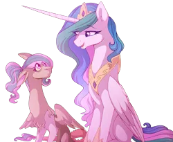 Size: 1387x1137 | Tagged: safe, artist:uunicornicc, derpibooru import, princess celestia, oc, oc:maledic, alicorn, draconequus, hybrid, pony, draconequus oc, duo, female, interspecies offspring, jewelry, long horn, looking at each other, mare, next generation, offspring, parent:discord, parent:princess celestia, parents:dislestia, regalia, simple background, sitting, spread wings, talking, transparent background, wings