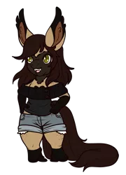 Size: 2687x3735 | Tagged: safe, artist:leeohfox, derpibooru import, oc, oc:rasta jam, unofficial characters only, anthro, bat pony, hybrid, pegasus, unguligrade anthro, anthro oc, bat pony oc, body freckles, clothes, female, freckles, hand on hip, mare, off shoulder, shorts, simple background, smiling, solo, transparent background