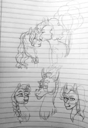 Size: 1792x2592 | Tagged: safe, artist:chesshire-code, derpibooru import, discord, fluttershy, pinkie pie, prince blueblood, bluepie, discoshy, female, kissing, lined paper, male, shipping, sketch, straight, traditional art