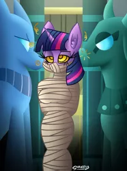 Size: 768x1030 | Tagged: suggestive, artist:snakeythingy, derpibooru import, twilight sparkle, anthro, bandage, bondage, ear fluff, hypnosis, implied sphinx, mummification, mummified, story included, swirly eyes, tomb, trade, wrapping