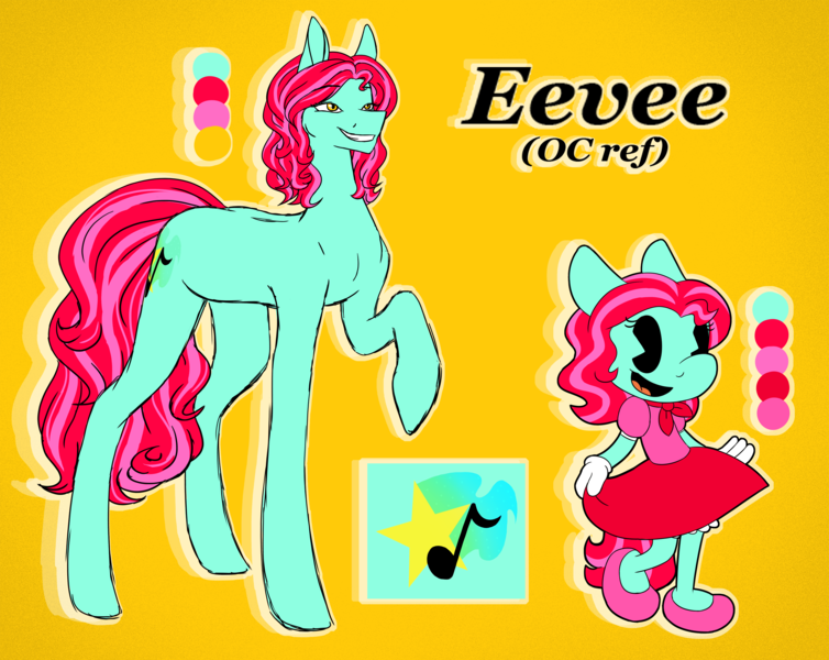 Size: 5583x4445 | Tagged: safe, artist:ggchristian, derpibooru import, oc, oc:eevee, anthro, earth pony, absurd resolution, cuphead, female, mare, reference sheet, solo, style emulation