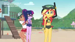 Size: 1280x720 | Tagged: safe, derpibooru import, screencap, sci-twi, sunset shimmer, timber spruce, twilight sparkle, equestria girls, equestria girls series, unsolved selfie mysteries, clothes, lifeguard timber, swimsuit