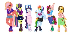 Size: 1024x509 | Tagged: safe, artist:grogiesnople, derpibooru import, oc, oc:apple breeze, oc:candy apple, oc:dawn glow, oc:elegance, oc:party palooza, oc:spectrum cloud, anthro, earth pony, pegasus, unguligrade anthro, unicorn, anthro oc, base used, clothes, compression shorts, daisy dukes, ear piercing, earring, female, front knot midriff, hair over one eye, hoof hands, hoof shoes, jewelry, mare, midriff, next generation, offspring, parent:applejack, parent:big macintosh, parent:caramel, parent:cheese sandwich, parent:comet tail, parent:fancypants, parent:fluttershy, parent:pinkie pie, parent:rainbow dash, parent:rarity, parent:soarin', parent:twilight sparkle, parents:carajack, parents:cheesepie, parents:cometlight, parents:fluttermac, parents:raripants, parents:soarindash, piercing, shorts, simple background, skirt, sports bra, tattoo, white background