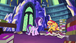 Size: 800x450 | Tagged: safe, derpibooru import, screencap, starlight glimmer, sunset shimmer, pony, unicorn, equestria girls, mirror magic, spoiler:eqg specials, anatomically incorrect, animated, bipedal, book, confused, cute, female, flailing, frown, gif, glare, gritted teeth, in the human world for too long, incorrect leg anatomy, it happened, mare, raised hoof, raised leg, saddle bag, shimmerbetes, smiling, smirk, stumbling, walking, wat, wide eyes