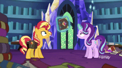 Size: 800x450 | Tagged: safe, derpibooru import, screencap, starlight glimmer, sunset shimmer, pony, unicorn, equestria girls, mirror magic, spoiler:eqg specials, animated, book, cute, duo, female, gif, in the human world for too long, journal, levitation, library, magic, magic aura, magic mirror, mare, shimmerbetes, telekinesis, twilight's castle, twilight's castle library
