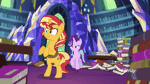 Size: 800x450 | Tagged: safe, derpibooru import, screencap, starlight glimmer, sunset shimmer, pony, unicorn, equestria girls, mirror magic, spoiler:eqg specials, anatomically incorrect, animated, bipedal, book, breath, cute, female, gif, grimace, hooves on hips, in the human world for too long, incorrect leg anatomy, it happened, library, mare, pawing the ground, portal, raised eyebrow, raised hoof, shimmerbetes, twilight's castle, twilight's castle library, weirded out
