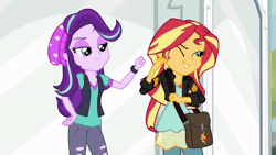 Size: 800x450 | Tagged: safe, derpibooru import, screencap, applejack, fluttershy, juniper montage, pinkie pie, rainbow dash, rarity, sci-twi, starlight glimmer, sunset shimmer, twilight sparkle, equestria girls, mirror magic, spoiler:eqg specials, animated, boots, clothes, eyes closed, female, flats, gif, glasses, grin, hand on shoulder, high heel boots, humane eight, humane five, humane seven, humane six, portal, shoes, skirt, smiling, socks, striped socks