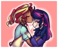 Size: 609x499 | Tagged: safe, artist:s1nb0y, derpibooru import, sunset shimmer, twilight sparkle, human, equestria girls, apron, clothes, female, heart, humanized, kissing, lesbian, moderate dark skin, pink background, shipping, simple background, sunsetsparkle, sweater