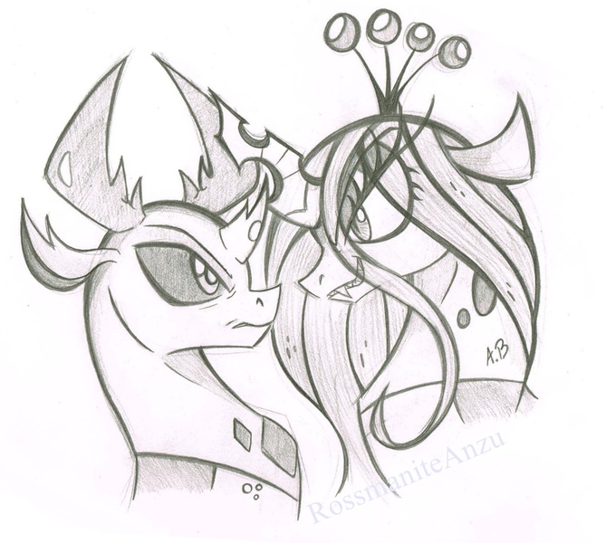 Size: 1765x1582 | Tagged: artist:rossmaniteanzu, changedling, changeling, changeling king, changeling queen, derpibooru import, duo, female, grayscale, king thorax, looking at each other, male, monochrome, mother and son, pencil drawing, queen chrysalis, safe, simple background, sketch, smiling, thorax, traditional art, white background